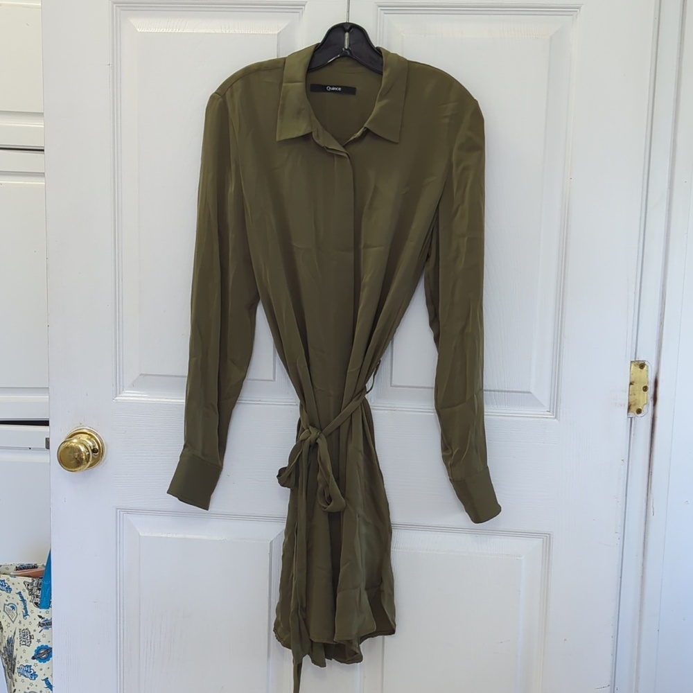 Quince Olive Green Washable Silk Shirt Dress - Picture 2 of 9